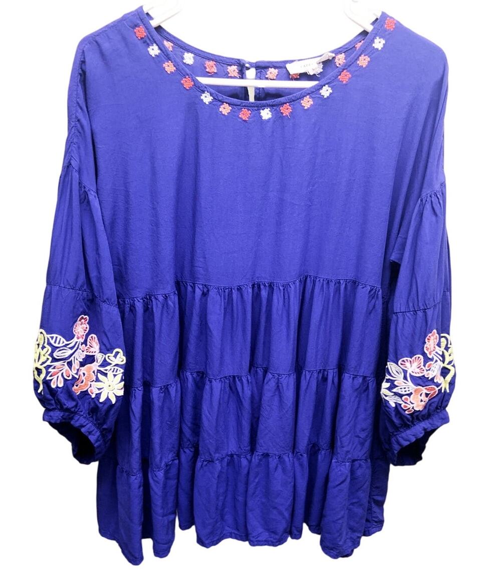 Laffaire Los Angeles  Boho Embroidered Blouse Royal Blue Peasant Top Size L